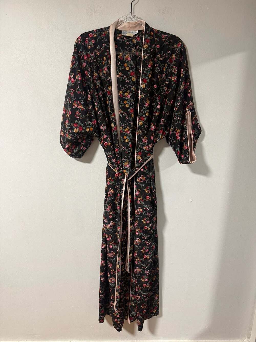 Vintage Eve Stillman New York Couture Black Floral Satin Long Robe Kimono